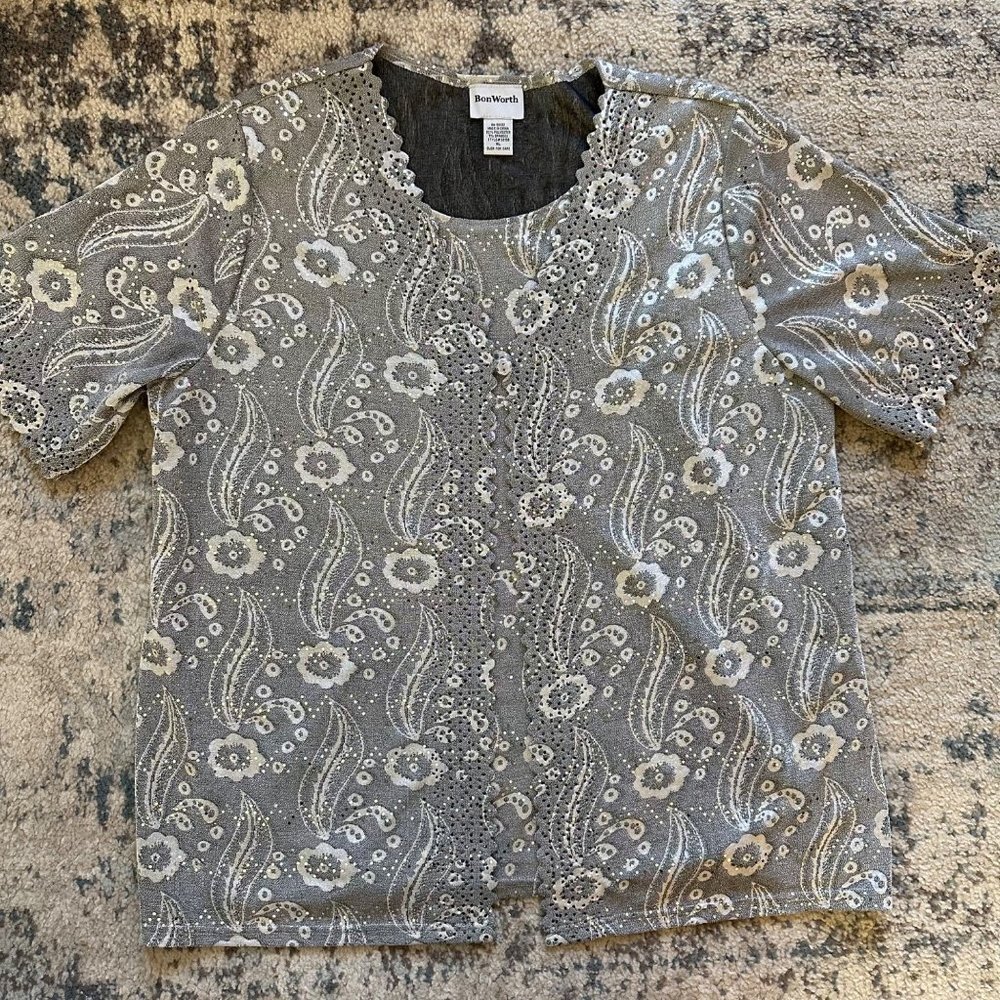BonWorth | Silver Floral Paisley Embellished Short Sleeve Dressy Top Blouse XL